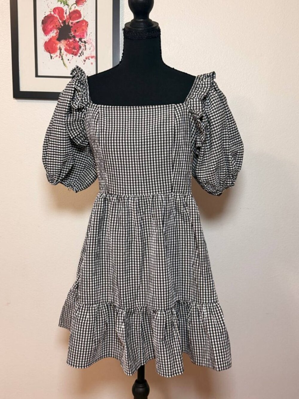 Forever 21 Black White Gingham Puff Sleeve Milkmaid Dress Cottagecore Sz M